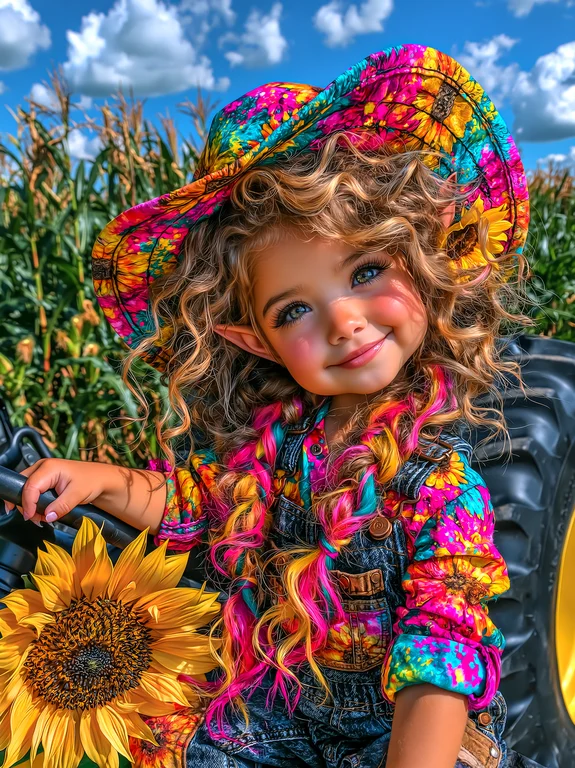 A young girl with pointed ears and curly blonde hair, wearing a