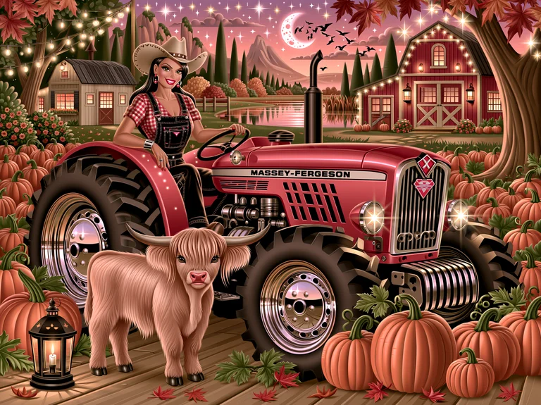 A woman in a cowboy hat and overalls sits on a red tractor,