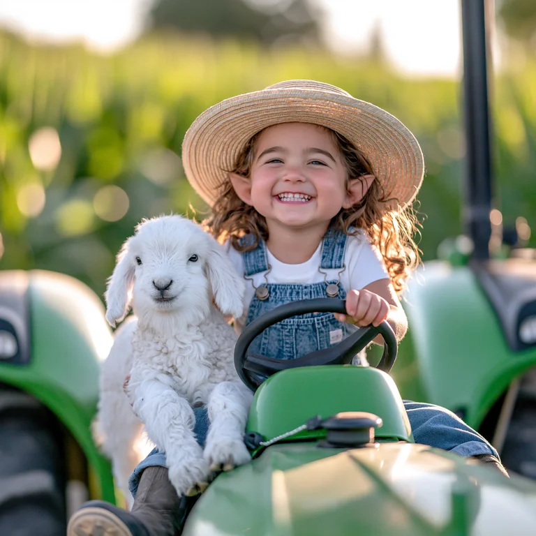 A young girl with a wide smile sits on a green tractor, holding a