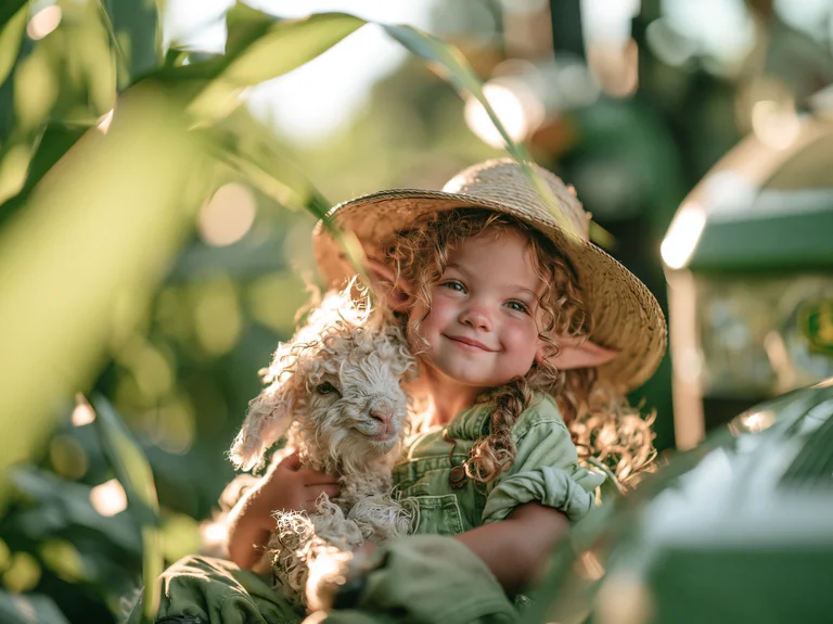 A young child with pointed ears and curly blonde hair, wearing a