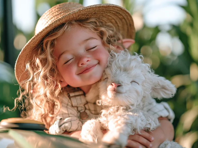 A young child with curly blonde hair and a straw hat is tenderly