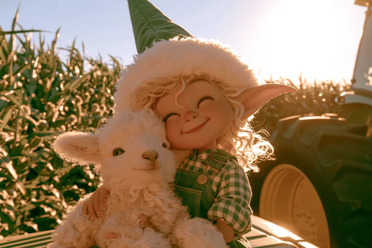 A young elf with curly blonde hair and pointed ears is joyfully