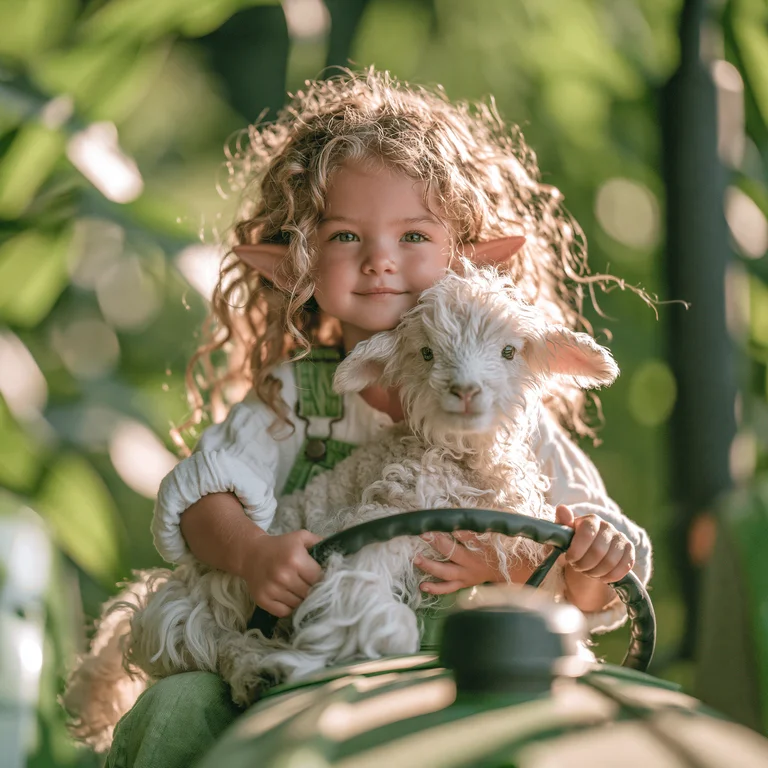 A young child with curly blonde hair and pointed ears sits on a