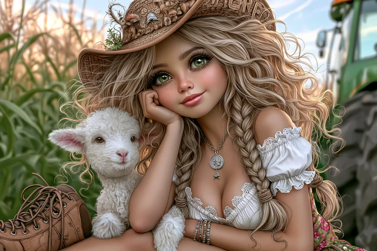 A young woman with blonde braided hair and a straw hat sits in a