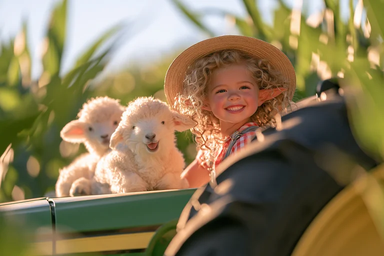 A young girl with curly blonde hair and pointed ears, wearing a straw