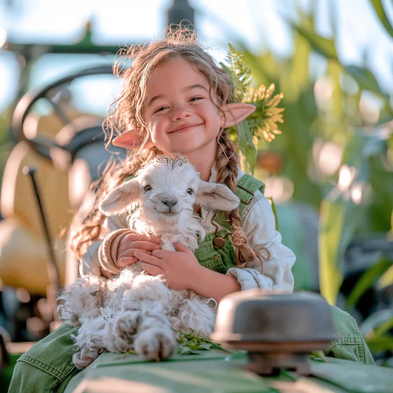 A young girl with pointed ears and braided hair, dressed in overalls,