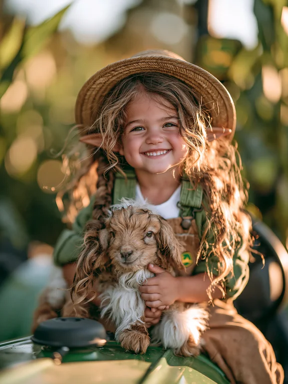 A young girl with pointed ears and long, curly hair, wearing a straw