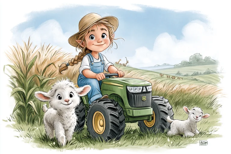 A young girl with pointed ears, dressed as a farmer, drives a green
