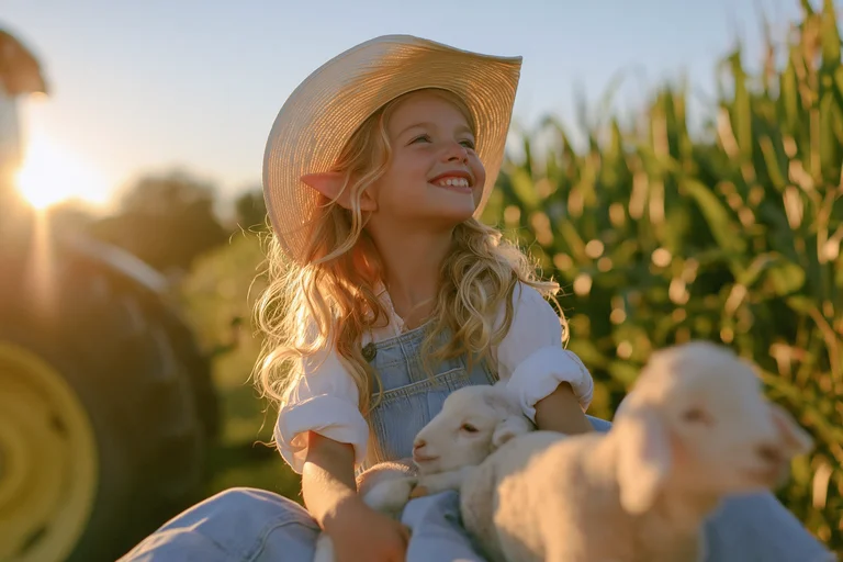 A young girl with pointed ears, wearing a straw hat and denim