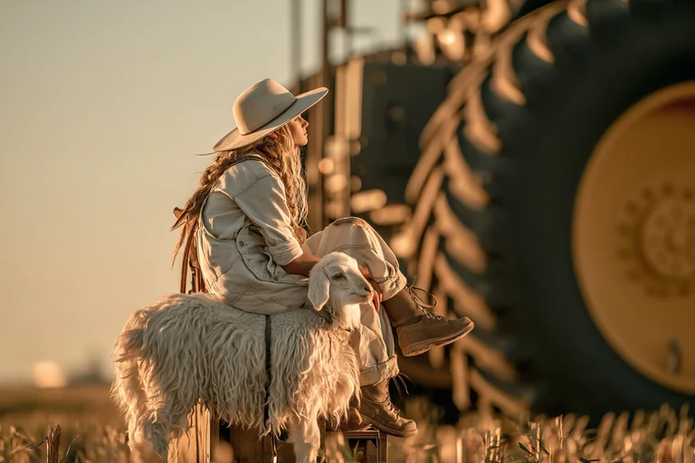 A young woman wearing a cowboy hat and overalls sits on a fluffy
