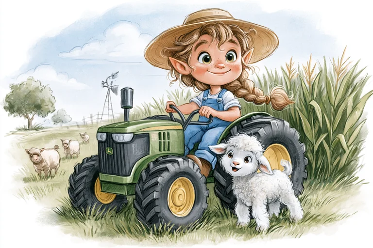 A young, elf-like girl with pointed ears and a straw hat is driving a