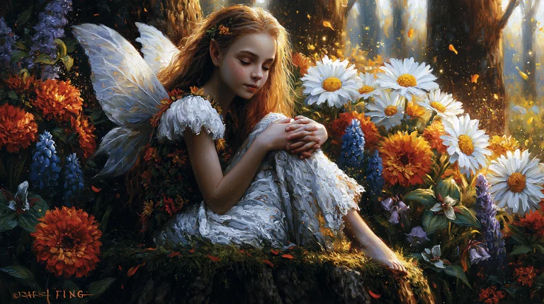 A young fairy with long auburn hair and delicate wings sits