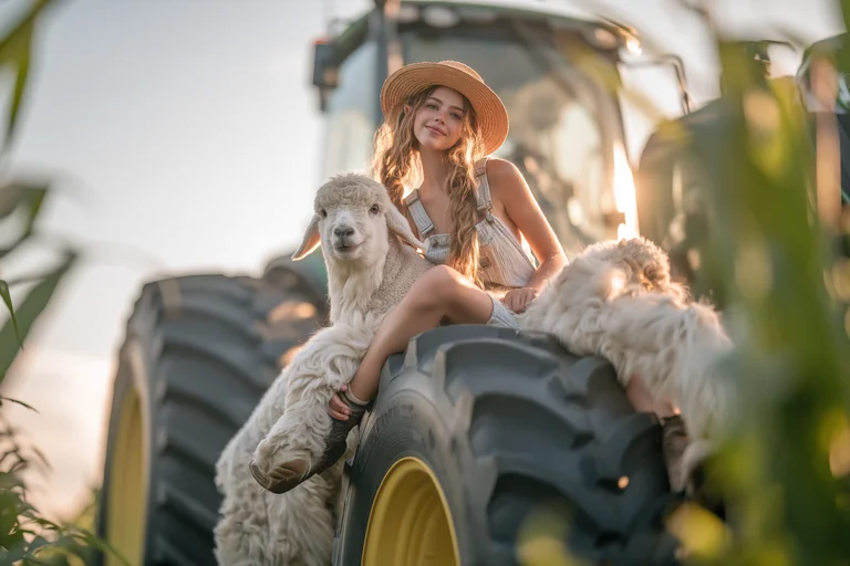 A young girl with blonde pigtails and a straw hat sits on the tire of