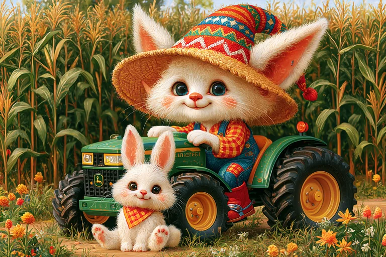 A whimsical cartoon character, resembling a fluffy white rabbit, sits