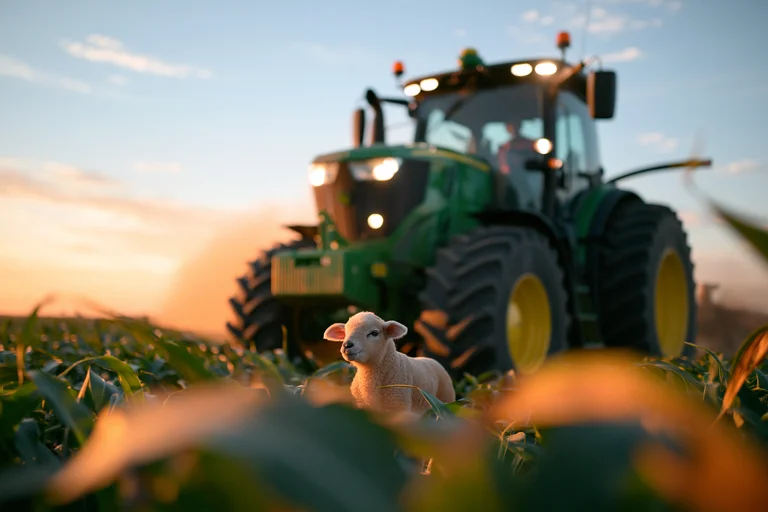 A young lamb stands in a field of corn, looking towards the camera
