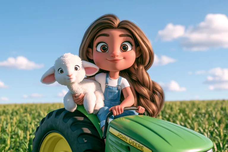 A young girl with long brown hair, wearing denim overalls, sits on a