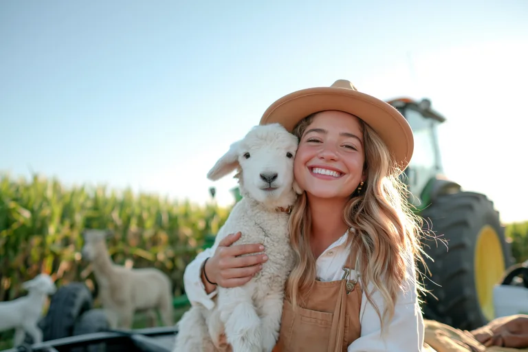 A young woman with a wide smile embraces a fluffy lamb in a