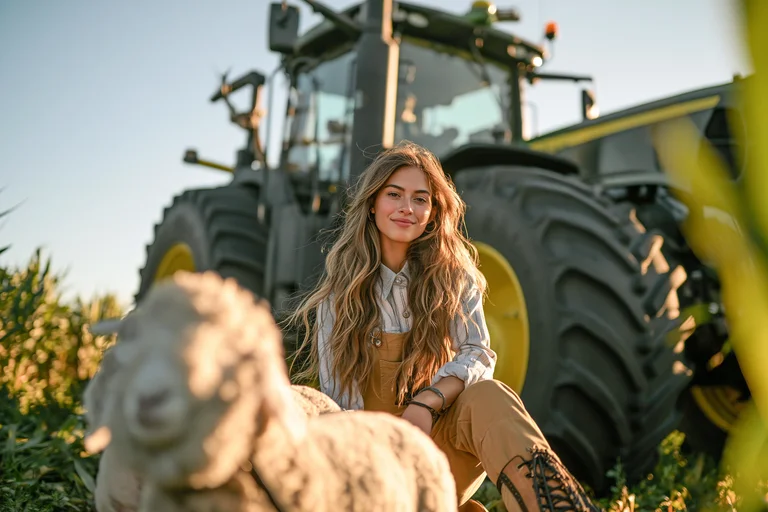 A young woman with long, wavy blonde hair sits in a field of crops