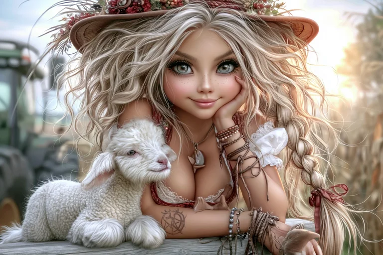 A young woman with long, flowing blonde hair and striking blue eyes