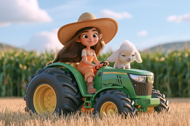 A young girl with long brown hair and a straw hat is driving a green