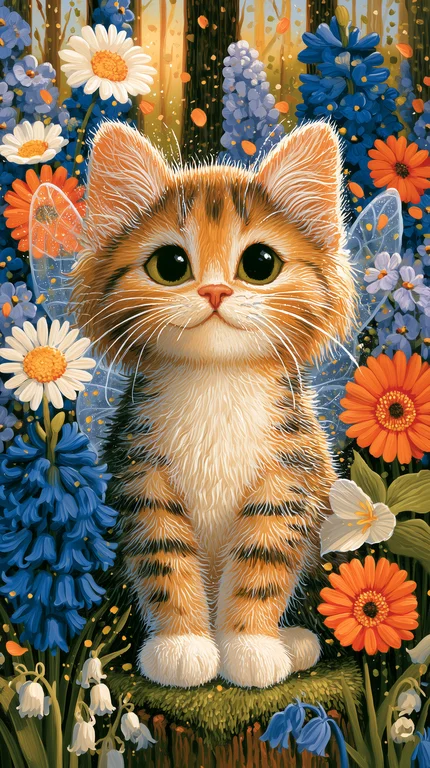 A fluffy ginger tabby kitten with delicate fairy wings sits in a