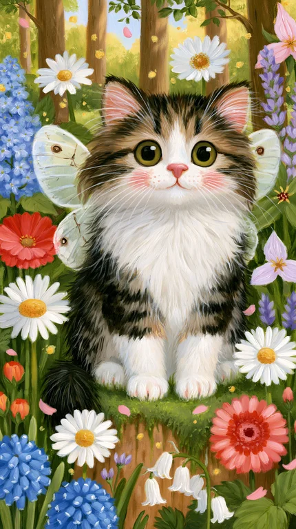 A fluffy, long-haired kitten with butterfly wings is sitting in a
