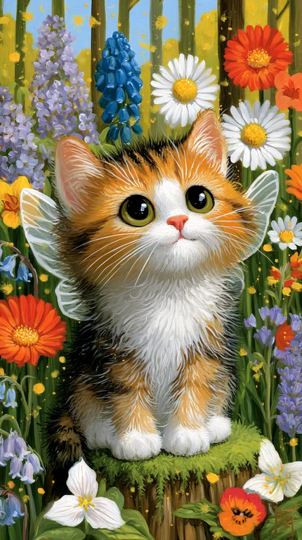 A fluffy calico kitten with large, expressive eyes and delicate fairy
