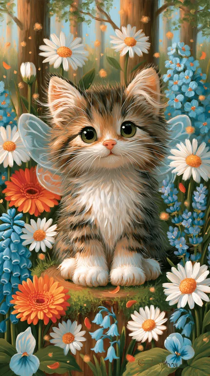 A fluffy, tabby kitten with large, expressive eyes sits in a vibrant