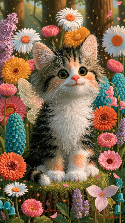 A fluffy calico kitten with delicate fairy wings sits in a vibrant