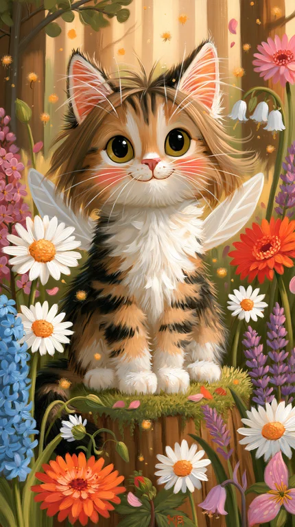 A whimsical, fluffy calico kitten with large, expressive eyes and