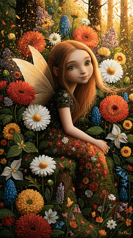A young female fairy with long flowing auburn hair and delicate