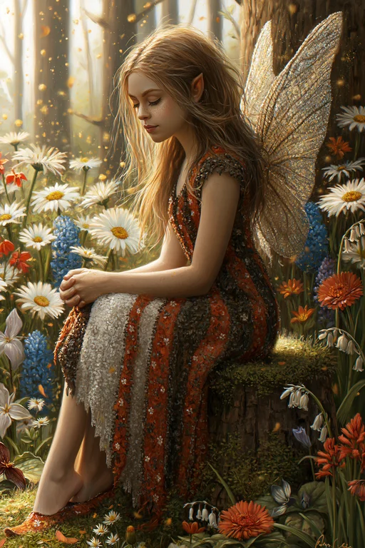A beautiful young fairy with long flowing blonde hair and delicate