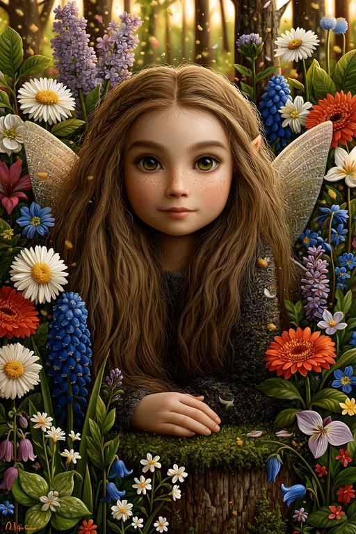 A young female fairy with long flowing brown hair and large