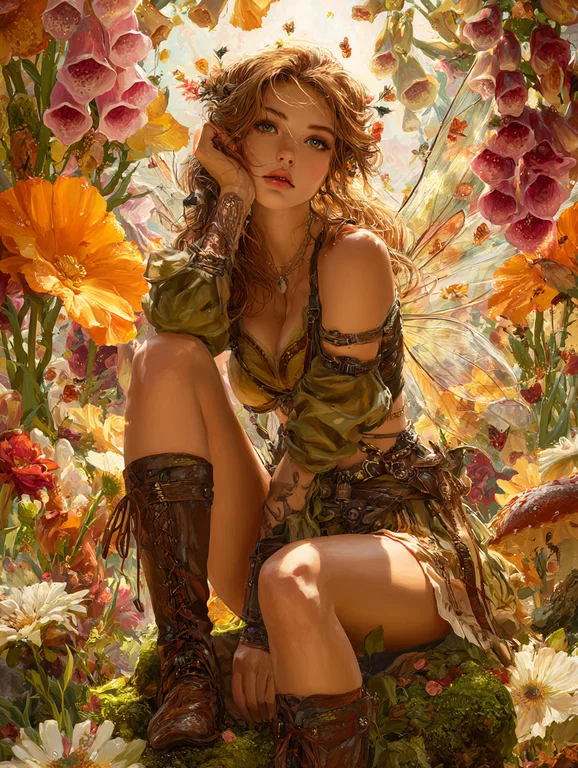 A beautiful young fairy woman sits amidst an explosion of oversized,