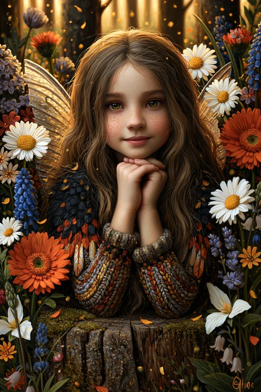A young fairy girl with long wavy brown hair and golden eyes sits