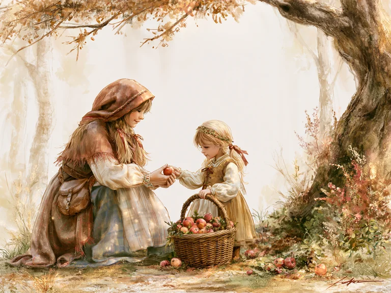 A tender autumn scene featuring a young woman in traditional peasant