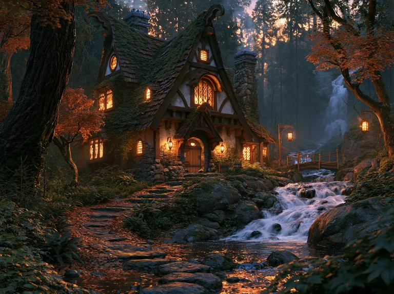A charming, moss-covered cottage nestled deep within a mystical forest