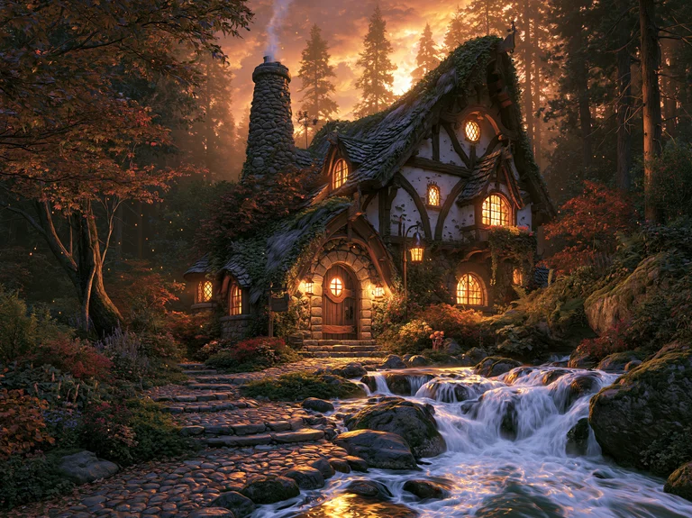 A charming, moss-covered cottage nestled in a dense forest beside a