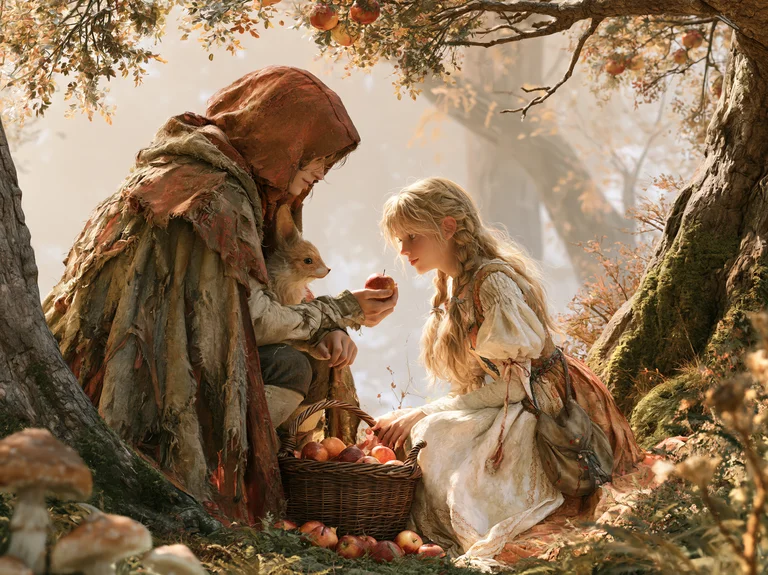 A tender woodland scene featuring a young girl with long blonde hair