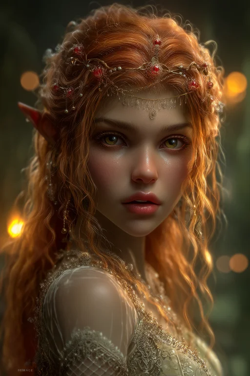 A beautiful young female elf with long, flowing copper-red hair and