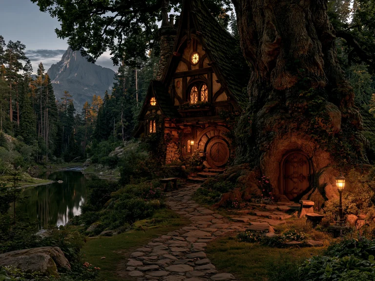 A cozy, hobbit-style dwelling is nestled into the base of a massive,