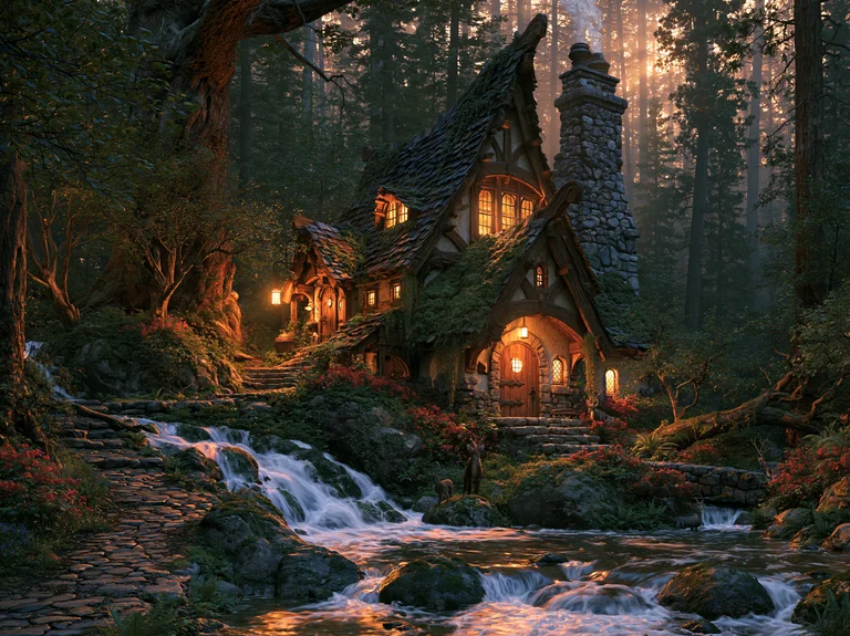 A charming, moss-covered cottage with a steeply pitched roof and a