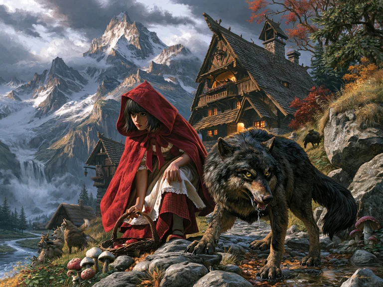 Little Red Riding Hood kneels on a rocky stream bank beside a large,