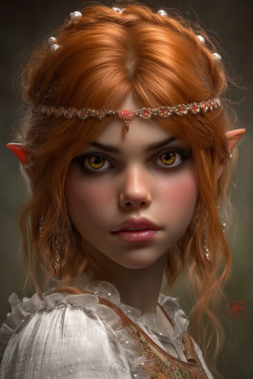 A close-up portrait of a beautiful young female elf with striking