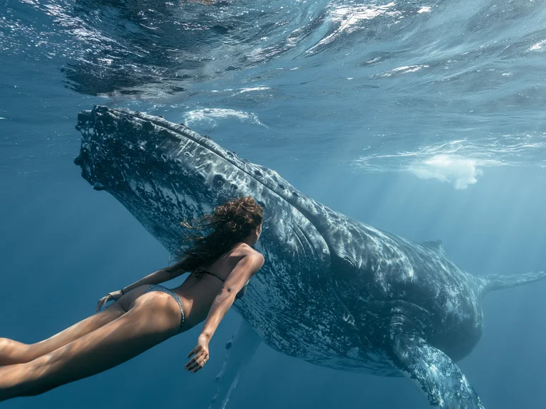 A woman in a bikini swims alongside a massive humpback whale