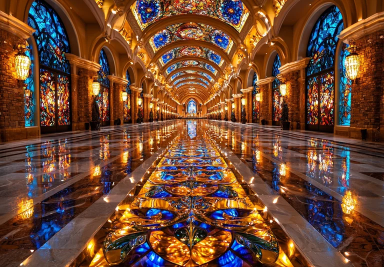 A long, ornate hallway with a highly reflective floor and stained