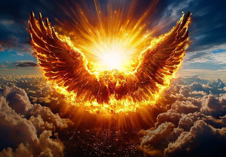 A majestic pair of fiery wings erupts from a blinding sunburst in the