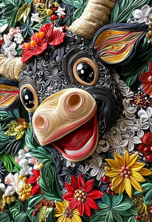 A close-up, highly detailed quilled paper artwork depicts the head of