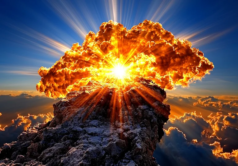 A dramatic explosion of light and fire erupts from behind a rocky