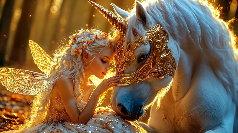 A beautiful fairy with delicate wings and a floral crown gently